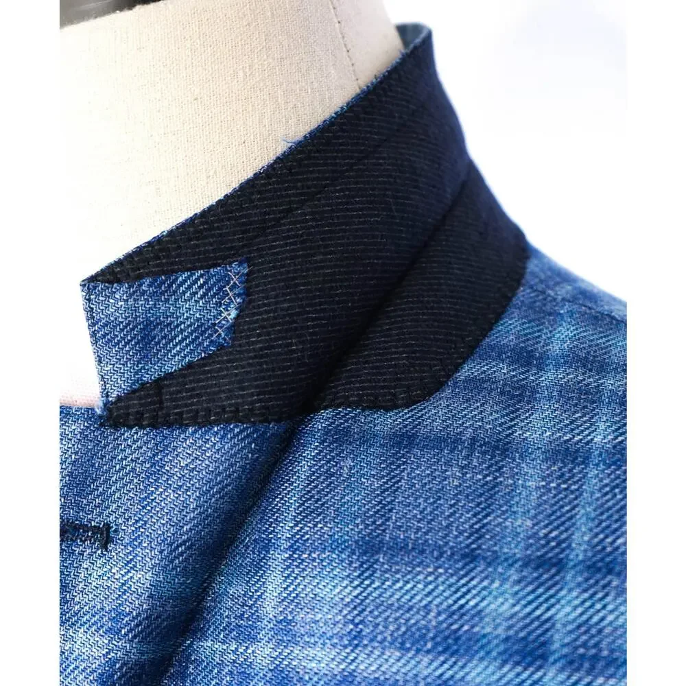 $2,990 ZEGNA - Blue Plaid Wool/Silk/Linen Blazer - 46R